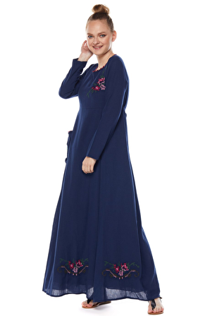 Şile Bezi Lacivert Uzun Kollu Nakış Detaylı Elbise