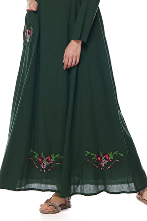 Şile Bezi Yeşil Uzun Kollu Nakış Detaylı Elbise