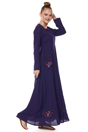 Şile Bezi Mor Uzun Kollu Nakış Detaylı Elbise
