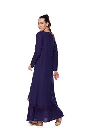Şile Bezi Mor Uzun Kollu Dantel Detaylı Elbise