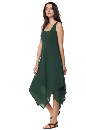 Şile Bezi Yeşil Asimetrik Düğmeli Elbise