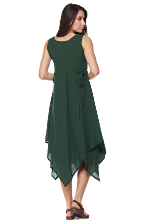 Şile Bezi Yeşil Asimetrik Düğmeli Elbise