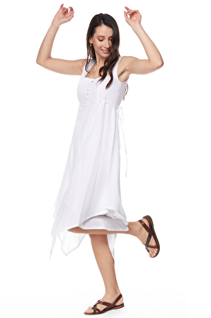 Şile Bezi Beyaz Asimetrik Düğmeli Elbise