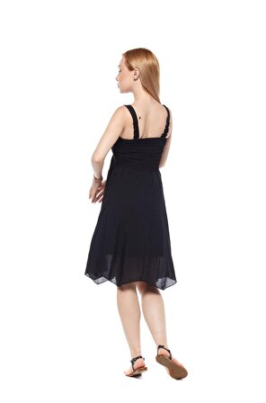 Şile Bezi Siyah Askılı Asimetrik Elbise
