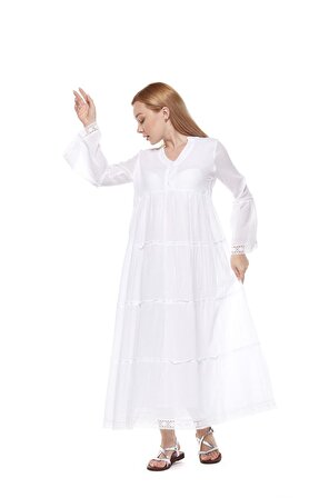 Şile Bezi Uzun Kollu Beyaz Düğmeli Elbise