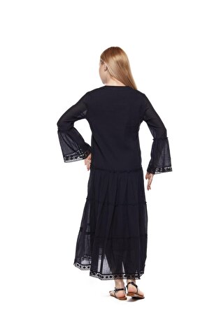 Şile Bezi Uzun Kollu Siyah Düğmeli Elbise