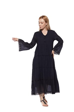 Şile Bezi Uzun Kollu Siyah Düğmeli Elbise