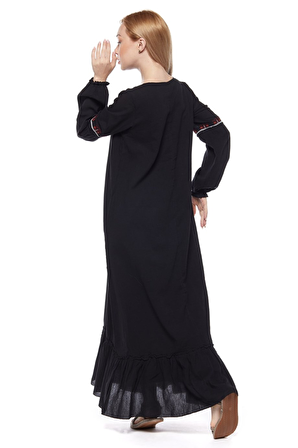 Şile Bezi Siyah Uzun Kollu Püsküllü Elbise