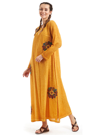 Şile Bezi Hardal Uzun Kol Çiçek Motifli  Elbise 