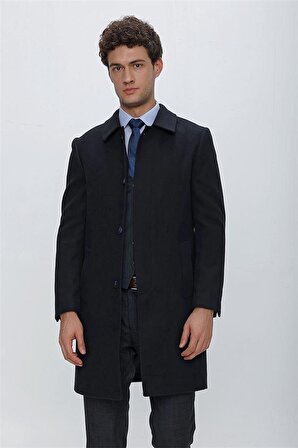 Kaşe Berberi Yaka Yırtmaçlı Astarlı Comfort Fit Rahat Kesim Klasik Palto 1005225156 Koyu Lacivert