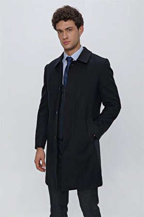 Kaşe Berberi Yaka Yırtmaçlı Astarlı Comfort Fit Rahat Kesim Klasik Palto 1005225156 Koyu Lacivert