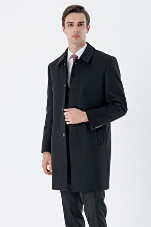 Siyah Kaşe Berberi Yaka Yırtmaçlı Comfort Fit Rahat Kesim Klasik Palto 1005235252
