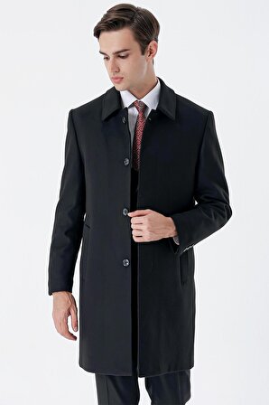 Siyah Kaşe Berberi Yaka Yırtmaçlı Comfort Fit Rahat Kesim Klasik Palto 1005235252