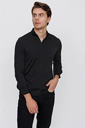 Uzun Kol Oxford Garnili Slim Fit Dar Kesim Klasik T-Shirt 1011220142 Siyah