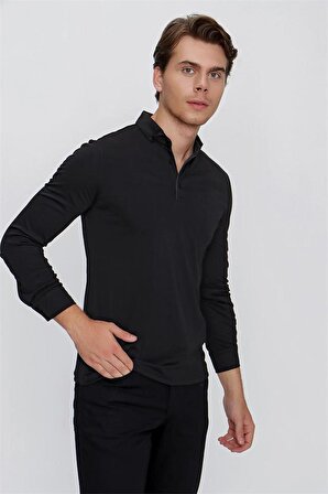 Uzun Kol Oxford Garnili Slim Fit Dar Kesim Klasik T-Shirt 1011220142 Siyah