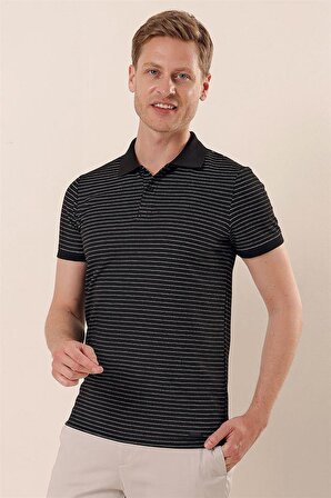 Kısa Kollu Çizgili Armürlü Polo Yaka Casual Slim Fit Dar Kesim T-Shirt 1011230164 Siyah