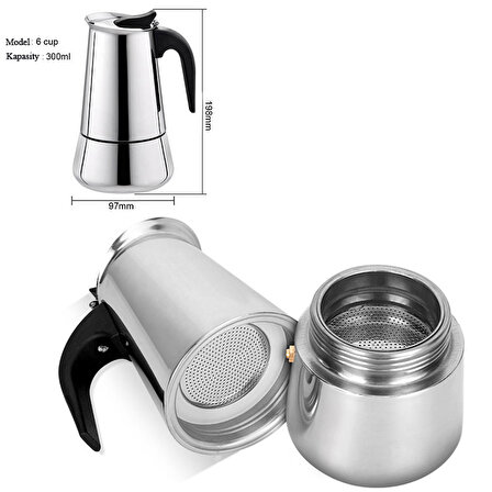 Paslanmaz Çelik Ocak Üstü 6 Cup Fincan Moka Pot Espresso cin285-6