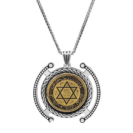 Üzerine "Mühr-i Süleyman" İşlemeli Kalın Zincirli 925 Ayar Gümüş Madalyon
