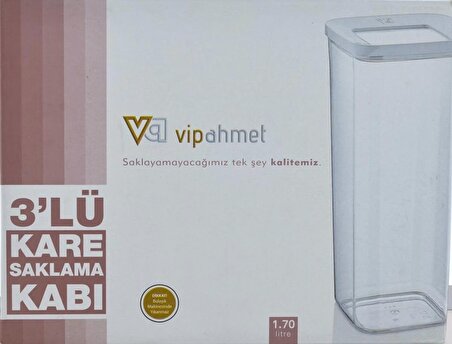 VIP AHMET Vakumlu Sert Plastik Kare Saklama Kabı 3 Adet 1700 ml