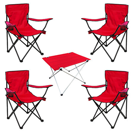 Outdoor Savex 4'lü Bardaklı Katlanabilir Sandalye ve Masa Seti - Kırmızı (DY.001)