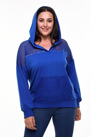 Kadın Büyük Beden File Detaylı Kapüşonlu Mavi Sweatshirt