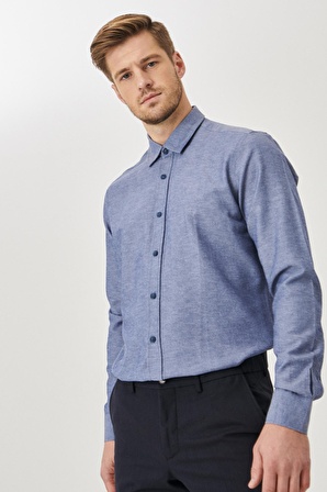 Erkek Lacivert Slim Fit Dar Kesim Pamuklu Gizli Düğmeli Yaka Uzun Kollu Oxford Gömlek