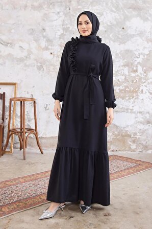 Omuz Fırfırlı Elbise - Siyah