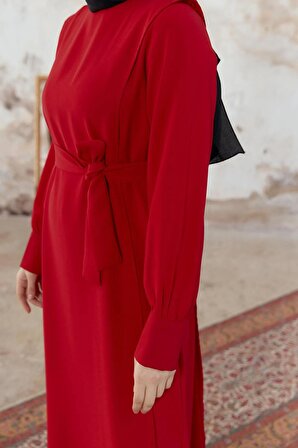 Kapaklı Krep Elbise - Kırmızı
