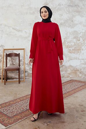 Kapaklı Krep Elbise - Kırmızı