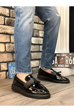 Bağcıksız Yüksek Taban Parlak Siyah Mat Detaylı Klasik Rugan Kemerli Püsküllü Erkek Ayakkabı