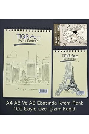 Tigra Art Eskiz Defteri Seti Görseldeki 100'er Sayfa A4 A5 A6 Krem Renk Kağıt Çizim Defteri Seti