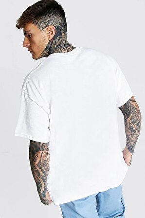 Erkek Beyaz Pamuklu Marval Comis Baskılı Oversize T-shirt