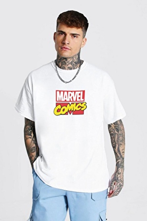 Erkek Beyaz Pamuklu Marval Comis Baskılı Oversize T-shirt