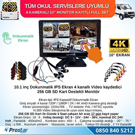 Kayıtlı 4 Kameralı 10 inç Dokunmatik Monitör 256 GB SD Destekli Okul Servis Kamera Seti