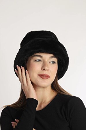 Kadın Siyah Kalpak Peluş Şapka