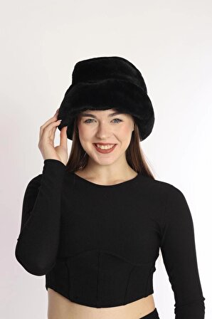 Kadın Siyah Kalpak Peluş Şapka