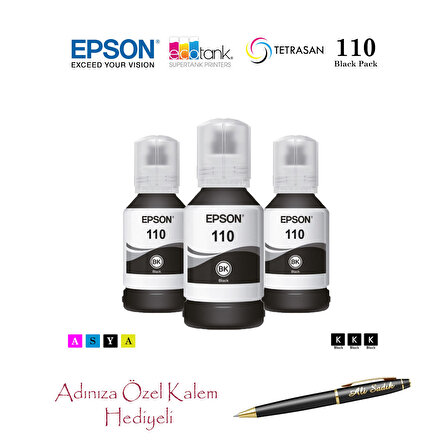 Epson 110 (BK) 3'Lü Siyah, Epson EcoTank M2170 Uyumlu Kalem Hediyeli 3 Siyah Mürekkep Seti