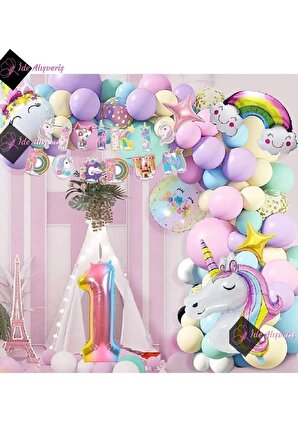 1 Yaş Karakterli Unicorn Temalı Iyi Ki Doğdun Makaron Balon Doğum Günü Parti Kutlama Seti