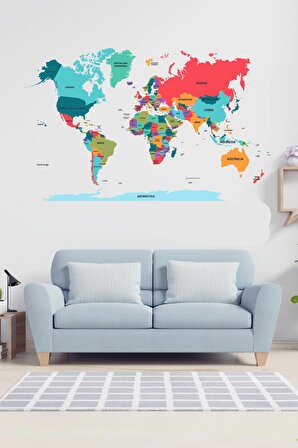 World Map, Renkli Dünya Haritası - Yapışkansız Elektrostatik Özellikle Tutunan Statik Akıllı Kağıt (İngilizce)