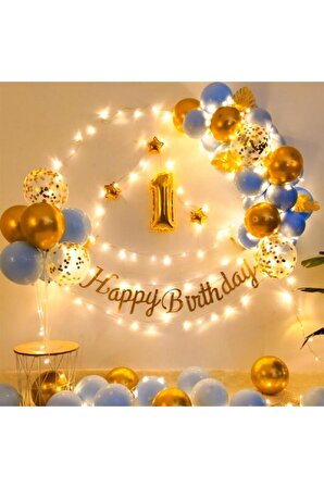 Led Işıklı Gold AçıkMaviBalon Kemer Kiti Doğum Günü PArti Seti Süsü