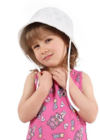 Kız Çocuk Çiçek Desenli Ekru Havlu Bucket Şapka