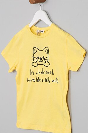 Kız Çocuk Regular Fit Kedi Baskılı Kısa Kollu Tişört