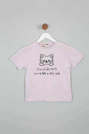 Kız Çocuk Regular Fit Kedi Baskılı Kısa Kollu Tişört