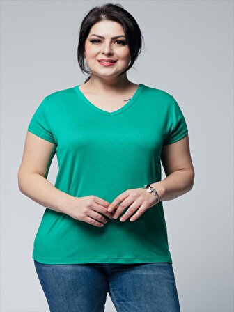 Kadın Büyük Beden V Yaka Basic Kısa Kollu Yeşil Tişört