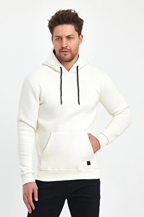 Explode - Erkek Beyaz Kapüşonlu 3 İplik Şardonlu Sweatshirt