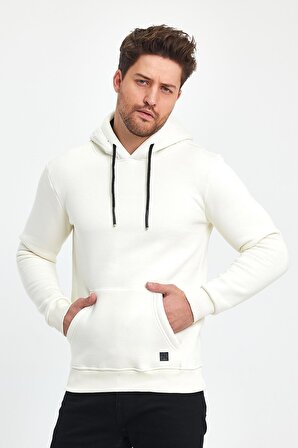 Explode - Erkek Beyaz Kapüşonlu 3 İplik Şardonlu Sweatshirt