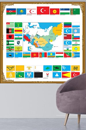 Türk Dünyası Haritası, Bayrakları ve Türklerin Yaşadığı Bölgeler Statik Tutunan Akıllı Kağıt Harita