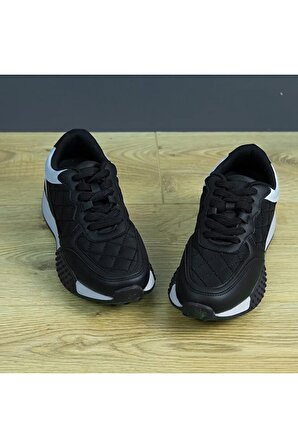 +6 cm Boy Uzatan Gizli Topuklu Siyah/Beyaz Renk Baklava Desenli Spor Ayakkabı, Sneaker