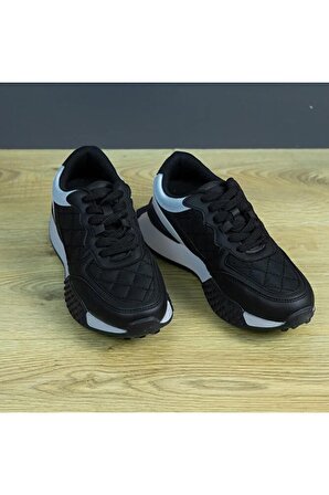 +6 cm Boy Uzatan Gizli Topuklu Siyah/Beyaz Renk Baklava Desenli Spor Ayakkabı, Sneaker