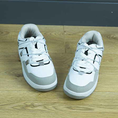 +6 cm Boy Uzatan Gizli Topuklu Bağcıklı ve Lastik Detaylı Beyaz-Gri Spor Ayakkabı, Sneaker